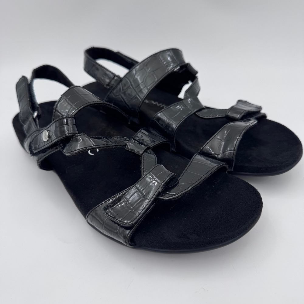 Vionic Paros Black Croc Embossed Patent Leather Sandals Womens 9 Orthotic